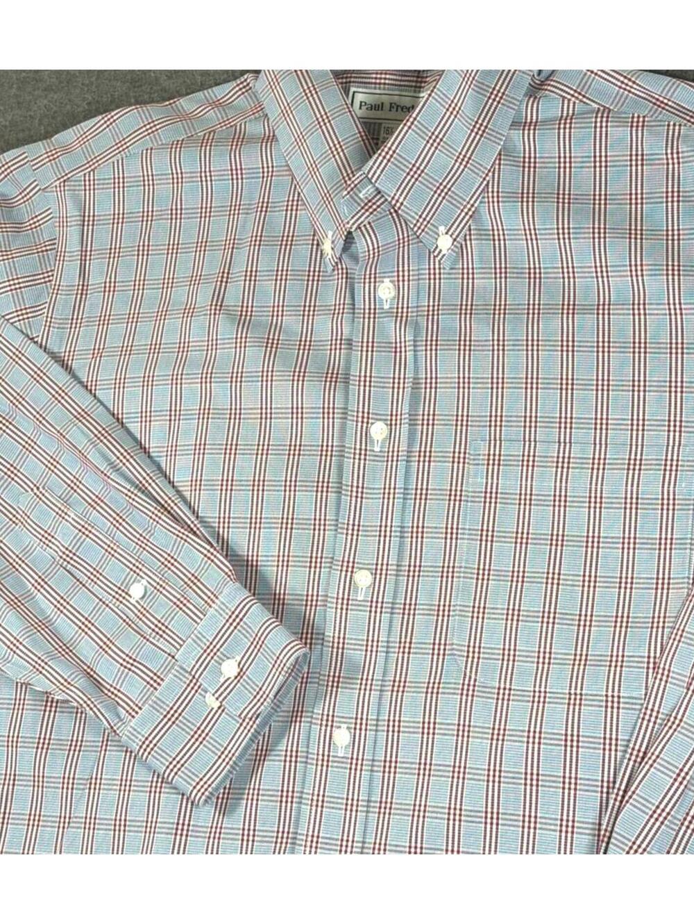 Paul Fredrick Two Ply Men's Button-Down Dress Shirt Blue Red Plaid Size 16.5/33